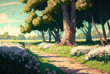 Fototapeta premium View of a grassy walk lined with flowers and trees is lovely. Generative AI