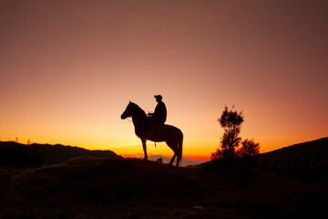 A silhouette of a horsemen and his horse standing on the sand dune with foggy / misty morning background at Bromo-Tengger-Semeru National Park, Indonesia