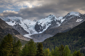 Fototapeta na wymiar Bernina and Palu mountain range with glaciers in the Alps, Engadine, Switzerland