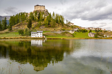 Fototapeta premium Idyllic landscape of Scuol Tarasp village, Engadine, Swiss Alps, Switzerland