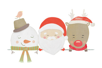Watercolor Cute Christmas Clip Art, Santa, Reindeer, Snowman