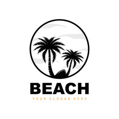 Obraz premium Coconut Tree Logo With Beach Atmosphere, Beach Plant Vector, Sunset View Design
