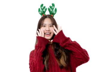 Happy cute Asian girl wear red warm knitted sweater shouting loud Christmas promotion to copy space isolated on transparent background, PNG file format.