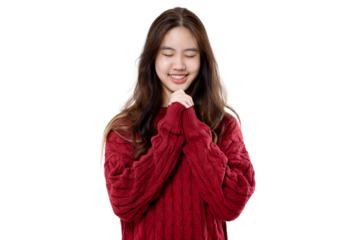 Happy cute Asian girl wear red warm knitted sweater make a wish isolated on transparent background, PNG file format.