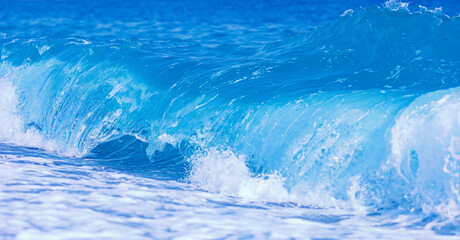 Background closeup banner blue sea wave on beach Turkey