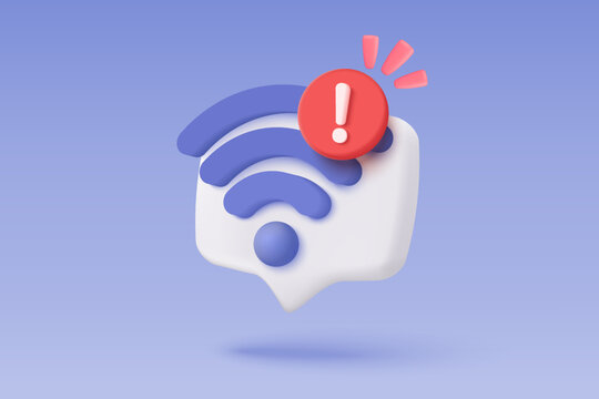 3d wireless connect and sharing network on internet with alert notice. Hotspot access point for false, problem, fail to connect. Broadcasting area with WiFi. 3d signal vector icon render illustration