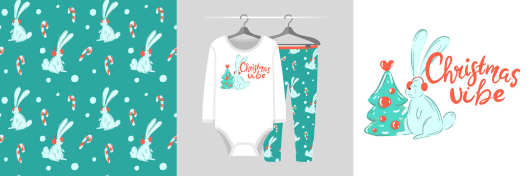 Seamless pattern and illustration set with a rabbit in earmuffs near the Christmas tree, Christmas vibe text. Cute design pajamas on a hanger. Baby background for t-shirt print design, fabric wrapping