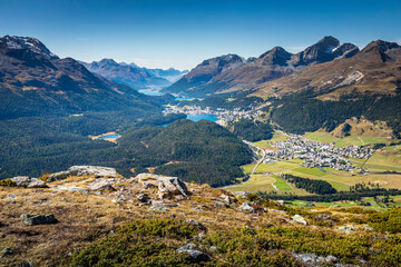 Fototapeta na wymiar View Above St Moritz from Muottas Muragl of Upper Engadine, Graubunden, Switzerland