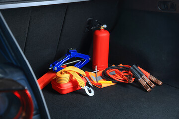Set of car safety equipment in trunk