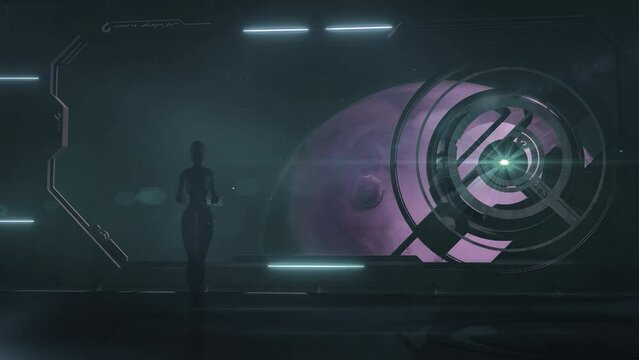 Robot aboard a spaceship in orbit of planet, 3D render