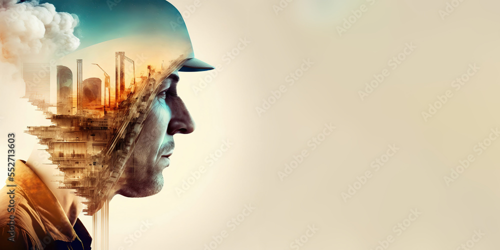 Poster building construction engineering project devotion with double exposure design. generative ai.