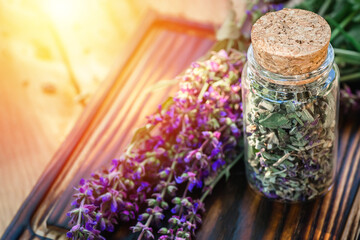 Bouquet of fresh sage flowers. Homemade and aromatic herbs on a rustic background. A set of dry culinary herbs