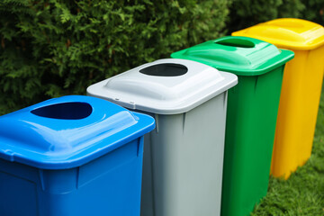 Many color recycling bins on green grass outdoors