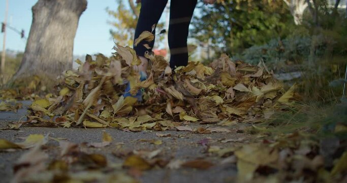 A child walks through a pile of leaves, kicking them as she goes. Medium shot in slow motion at ground level.