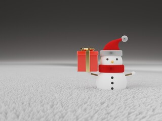 3d render of white snowman wearing red hat and scarf holding red present box on white soft hairy cloth texture background, copy space