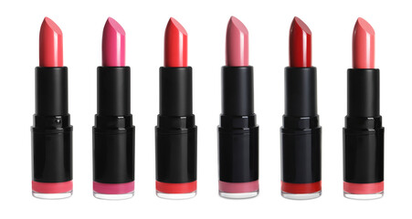 Set with different beautiful lipsticks on white background