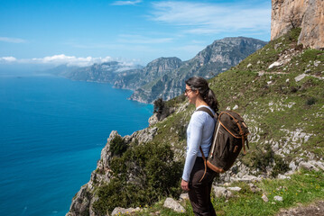 Hiking the famous path Sentiero degli Dei, the path of Gods at the Amalfi coast, Italy