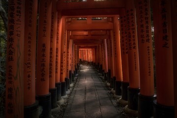 This image shows a tunnel made by red Japanese torii gates at the Fushimi Inari Shrine with dramatic sun beams illuminating the path. 