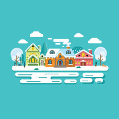 Vector illustration of village in winter with flat design style