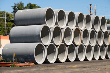 Concrete round big pipes stacked outdoors