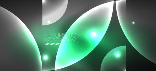 Abstract background with neon glowing light effects. Round shapes, triangles and circles. Wallpaper for concept of AI technology, blockchain, communication, 5G, science, business and technology