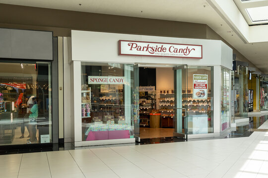 Buffalo, NY, USA - July 23, 2022: A Parkside Candy store at a shopping mall in Buffalo, NY, USA. Founded in 1918, Parkside Candy is Buffalo's premier chocolatier!