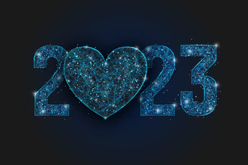 Abstract isolated blue image of new year number 2023. Polygonal low poly wireframe illustration looks like stars in the blask night sky in spase or flying glass shards. Digital web, internet design. © Katsiaryna