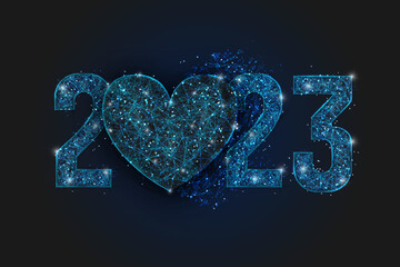 Abstract isolated blue image of new year number 2023. Polygonal low poly wireframe illustration looks like stars in the blask night sky in spase or flying glass shards. Digital web, internet design. © Katsiaryna