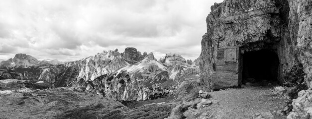 An old fortress entrance in the Dolomites near the 3 Zinnen mountains, remains of the World War I and the frontline between Austria and Italy