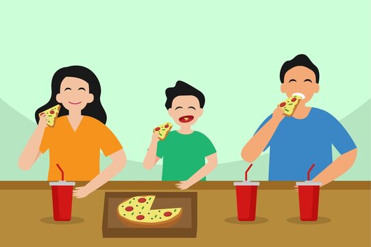 Happy family eating pizza together while enjoying quality time
