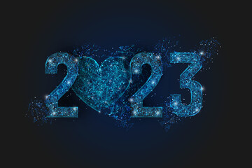 Abstract isolated blue image of new year number 2023. Polygonal low poly wireframe illustration looks like stars in the blask night sky in spase or flying glass shards. Digital web, internet design. © Katsiaryna