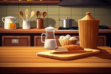 Illustration of a luxury hardwood kitchen tabletop with a bread basket, salt and pepper shakers, and a blank area for montage display on a blurring modern kitchen room background. Generative AI