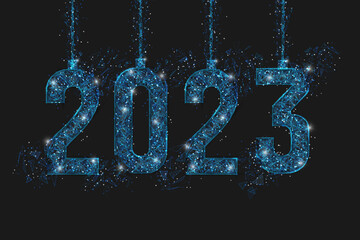 Abstract isolated blue image of new year number 2023. Polygonal low poly wireframe illustration looks like stars in the blask night sky in spase or flying glass shards. Digital web, internet design. © Katsiaryna