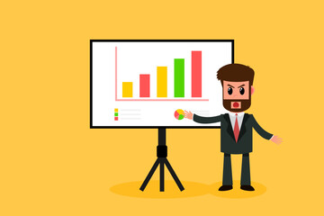 Businessman giving lecture or presentation. Manager analyzes business chart. Business Concept. Vector illustration