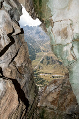 Fototapeta premium View out of a loophole of the Mount Lagazuoi tunnels, built during the First World War, Dolomite Alps in South Tirol