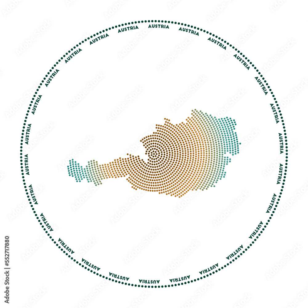 Poster austria round logo. digital style shape of austria in dotted circle with country name. tech icon of 