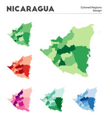 Nicaragua map collection. Borders of Nicaragua for your infographic. Colored country regions. Vector illustration.