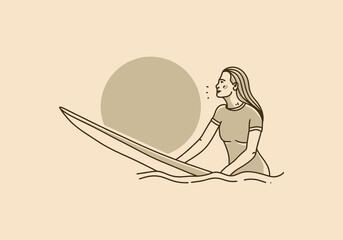 Vintage art illustration of a woman sitting on a surfboard