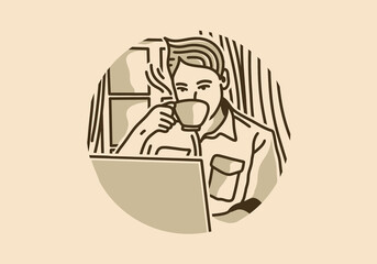 Vintage illustration design of man drinking coffee in front of laptop