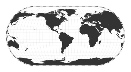 Vector world map. Eckert III projection. Plan world geographical map with latitude/longitude lines. Centered to 60deg E longitude. Vector illustration.