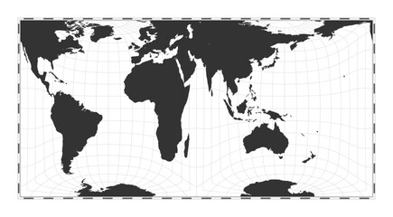 Vector world map. Gringorten square equal-area projection. Plan world geographical map with latitude/longitude lines. Centered to 60deg W longitude. Vector illustration.