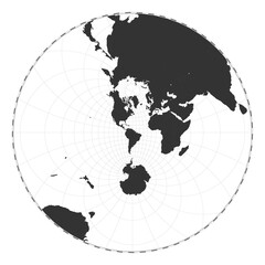 Vector world map. Stereographic. Plan world geographical map with latitude/longitude lines. Centered to 60deg E longitude. Vector illustration.