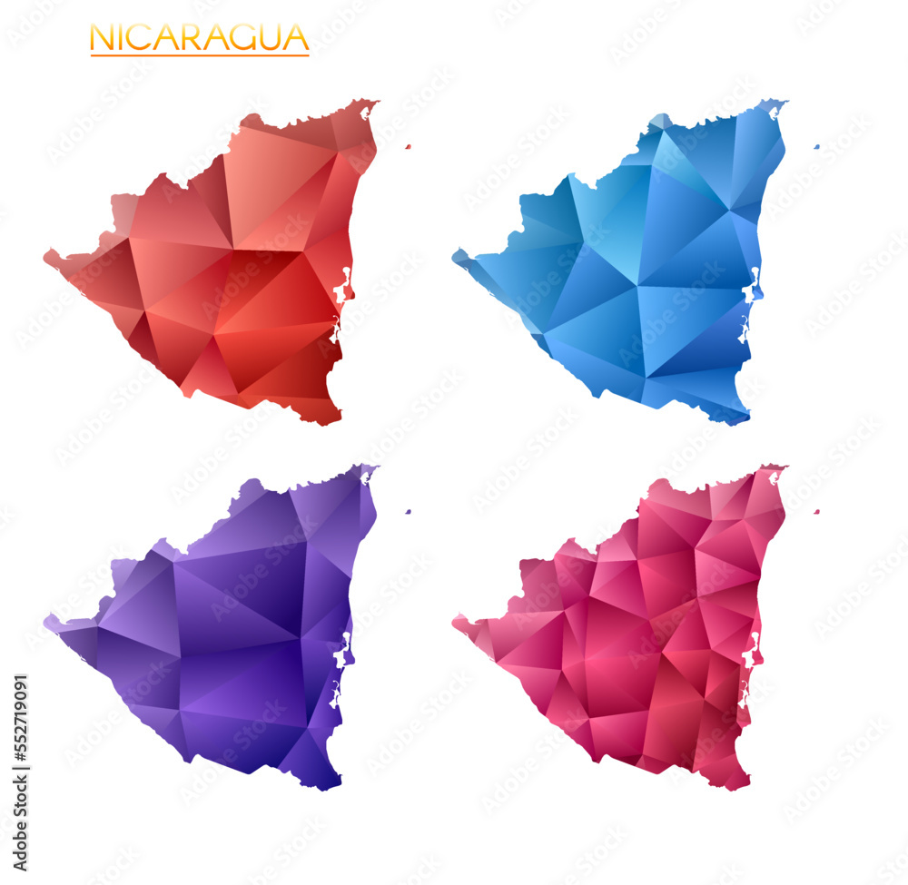 Poster set of vector polygonal maps of nicaragua. bright gradient map of country in low poly style. multico