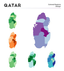 Qatar map collection. Borders of Qatar for your infographic. Colored country regions. Vector illustration.