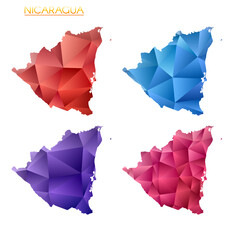 Set of vector polygonal maps of Nicaragua. Bright gradient map of country in low poly style. Multicolored Nicaragua map in geometric style for your infographics. Classy vector illustration.