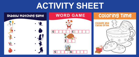 3 in 1 Activity Sheet for children. Educational printable worksheet for preschool. Coloring, shadow matching, writing activity. Vector illustrations. 