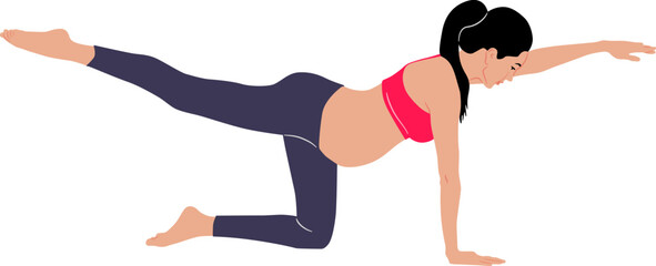 Hand-drawn pregnant woman doing exercise wearing leggings and a top. Vector flat style illustration isolated on white. Full-length view	