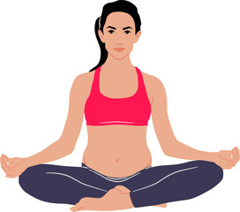 Hand-drawn pregnant woman doing exercise wearing leggings and a top. Vector flat style illustration isolated on white. Full-length view	