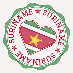 Suriname heart flag logo. Country name text around Suriname flag in a shape of heart. Superb vector illustration.