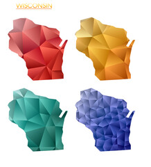 Set of vector polygonal maps of Wisconsin. Bright gradient map of us state in low poly style. Multicolored Wisconsin map in geometric style for your infographics. Authentic vector illustration.